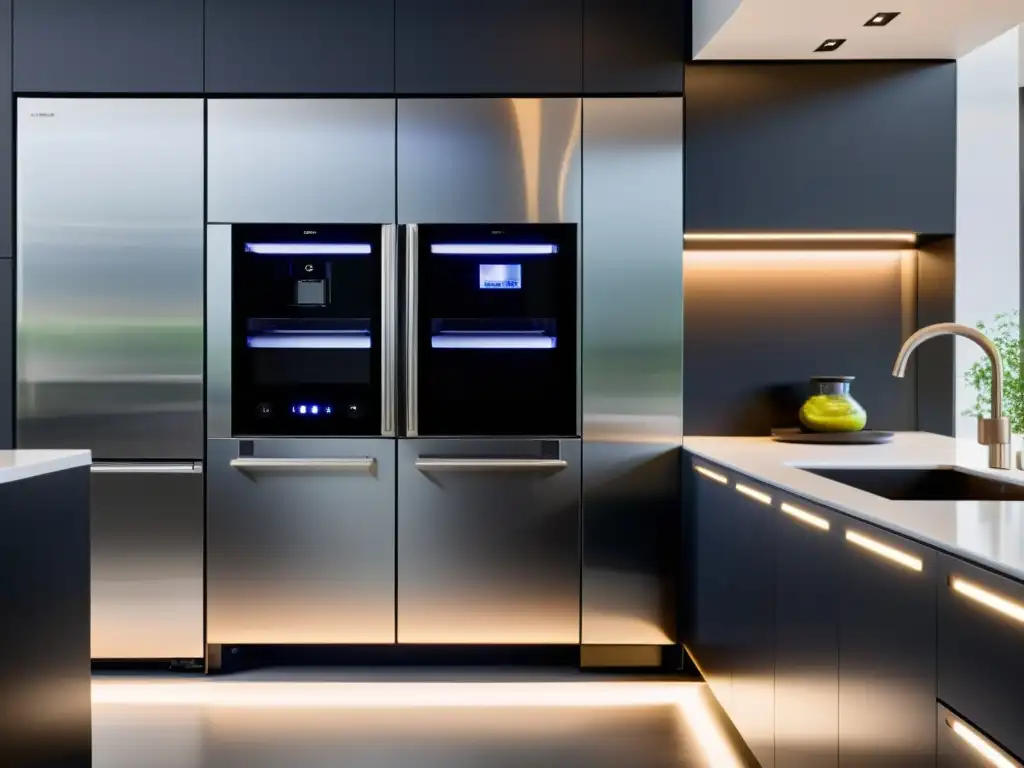 Electrodomésticos inteligentes estilo minimalista en una cocina moderna y elegante con acabado en acero inoxidable y pantallas táctiles