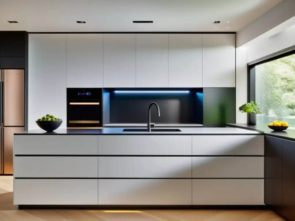 Cocina moderna y futurista con electrodomésticos inteligentes integrados Electrodomésticos inteligentes tecnología hogar: Cocina moderna con acabados de alta tecnología, diseño minimalista y ambiente futurista y elegante