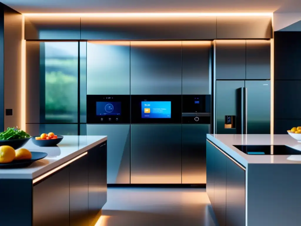 Cocina inteligente de diseño futurista con electrodomésticos integrados Electrodomésticos inteligentes para el hogar en una moderna cocina de diseño minimalista y futurista, iluminada suavemente