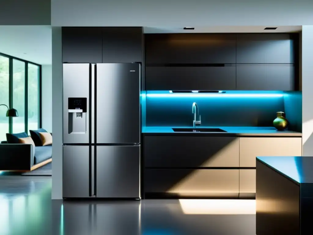 Cocina futurista y sostenible con electrodomésticos inteligentes Electrodomésticos inteligentes para hogar sostenible: cocina moderna y minimalista con tecnología de vanguardia y diseño ecoamigable