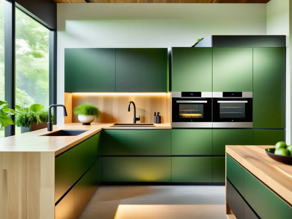 Electrodomésticos inteligentes 2023 integrados en una cocina moderna y elegante, con tecnología de vanguardia y toques naturales