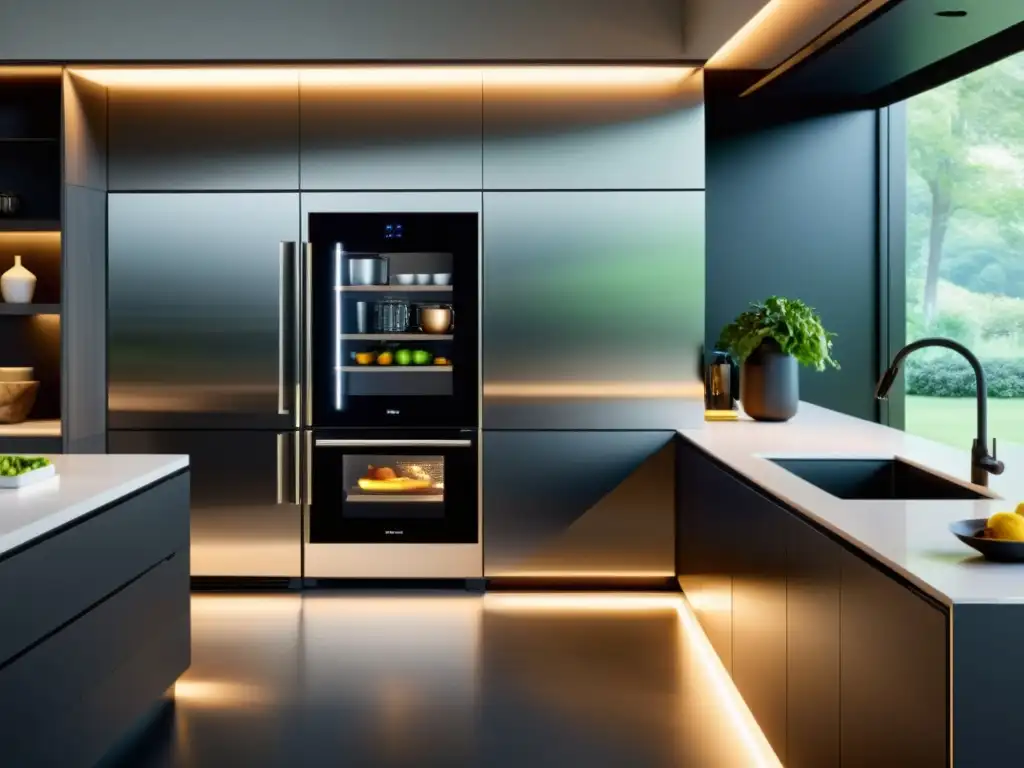 Cocina moderna con electrodomésticos inteligentes integrados Electrodomésticos inteligentes para diseño interior: cocina moderna con tecnología integrada y estética minimalista elegante