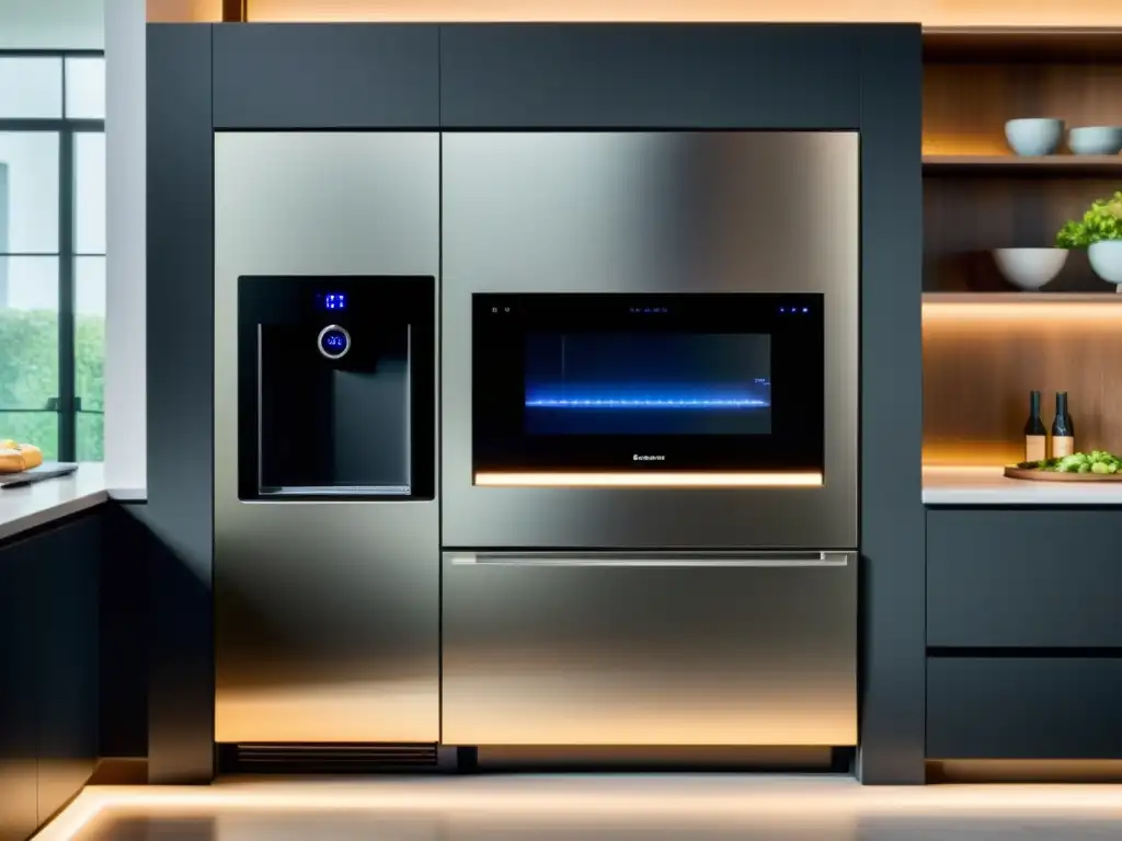 Cocina inteligente de diseño minimalista con tecnología integrada Electrodomésticos inteligentes para diseño interior: cocina moderna con líneas limpias, tecnología integrada y elegante iluminación LED