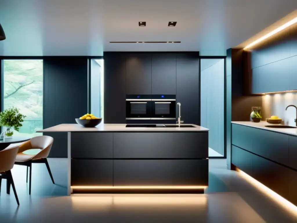 Cocina inteligente con electrodomésticos modernos y diseño innovador Electrodomésticos inteligentes para diseño interior: Cocina moderna con tecnología innovadora y estilo minimalista futurista