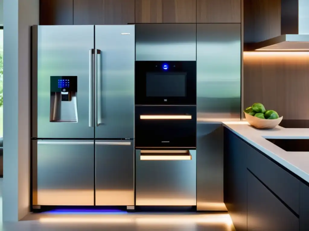 Cocina ultramoderna con electrodomésticos inteligentes de acero inoxidable Electrodomésticos inteligentes para diseño interior: Cocina ultramoderna con aparatos de acero inoxidable y tecnología futurista