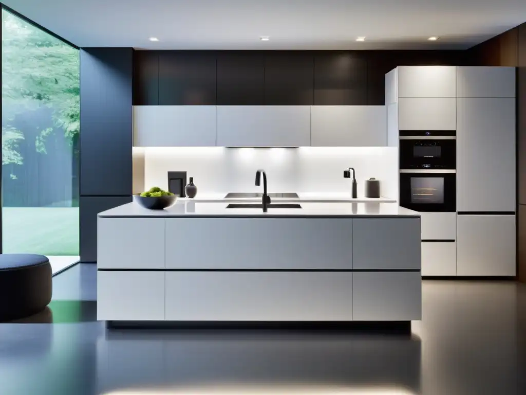 Cocina moderna con electrodomésticos integrados y pantallas táctiles Electrodomésticos con interfaces táctiles adaptativas en una cocina minimalista y moderna, con iluminación ambiental cálida y sofisticación futurista