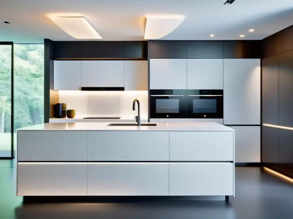 Cocina ultramoderna: tecnología adaptativa integrada Electrodomésticos con interfaces táctiles adaptativas en una cocina ultramoderna de líneas limpias y sofisticadas