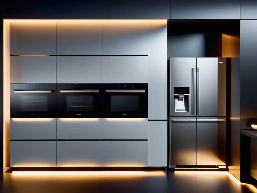 Cocina moderna con electrodomésticos táctiles: sofisticación futurista Electrodomésticos con interfaces táctiles adaptativas en una cocina moderna y futurista con iluminación LED suave
