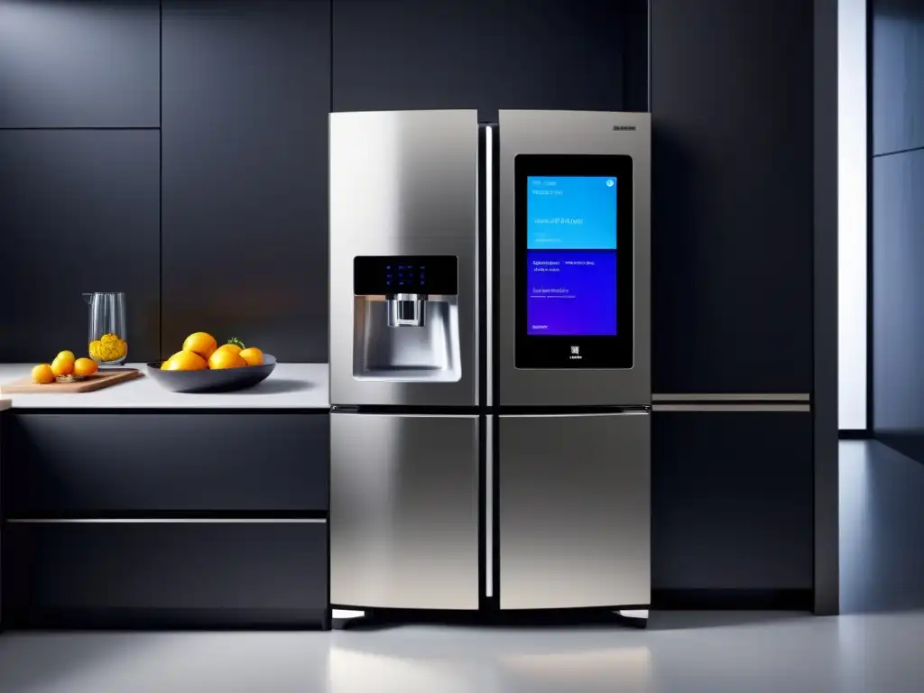 Refrigerador futurista con pantalla táctil integrada en cocina moderna Electrodomésticos con interfaces táctiles adaptativas en una cocina moderna y futurista con un ambiente contemporáneo y minimalista