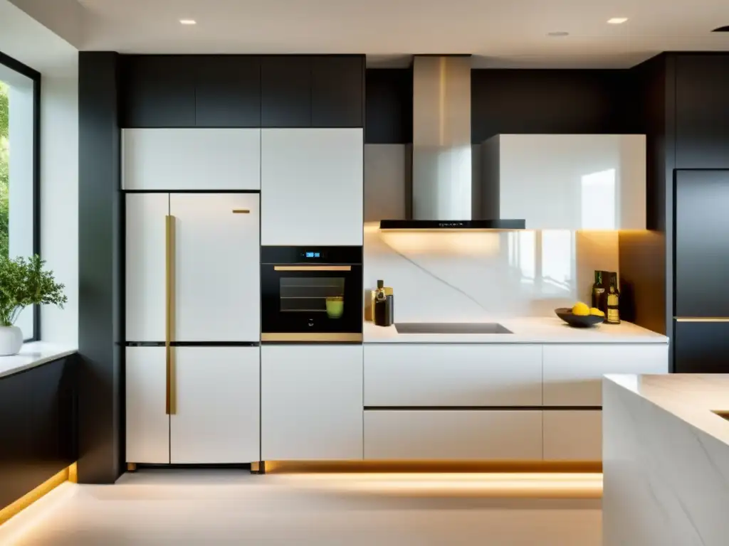 Cocina minimalista con electrodomésticos blancos en mármol Electrodomésticos minimalistas para decluttering: Cocina moderna con líneas limpias y un ambiente sereno