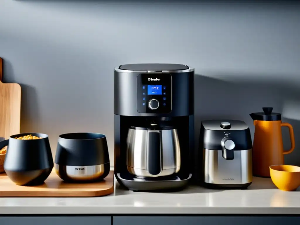 Minimalismo culinario: Electrodomésticos compactos en cocina moderna Mini electrodomésticos multifuncionales para apartamentos pequeños: Cocina moderna con mini electrodomésticos en acabado negro mate y hierbas frescas