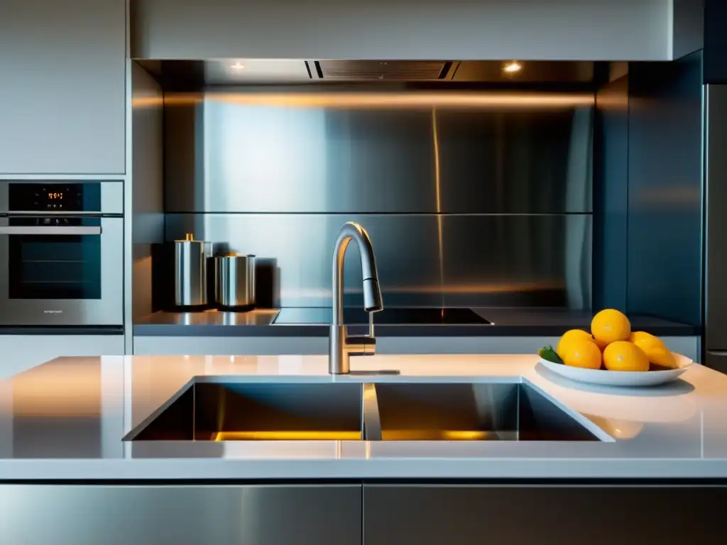 Minimalismo urbano: electrodomésticos de acero inoxidable en cocina moderna Mini electrodomésticos multifuncionales para apartamentos pequeños en una cocina moderna y elegante con iluminación suave