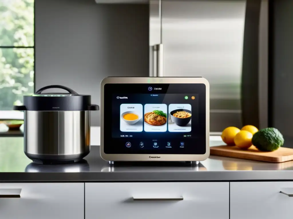 Cocina moderna: electrodomésticos inteligentes conectados Electrodomésticos multifuncionales con apps de recetas en cocina moderna de diseño minimalista e integración tecnológica avanzada