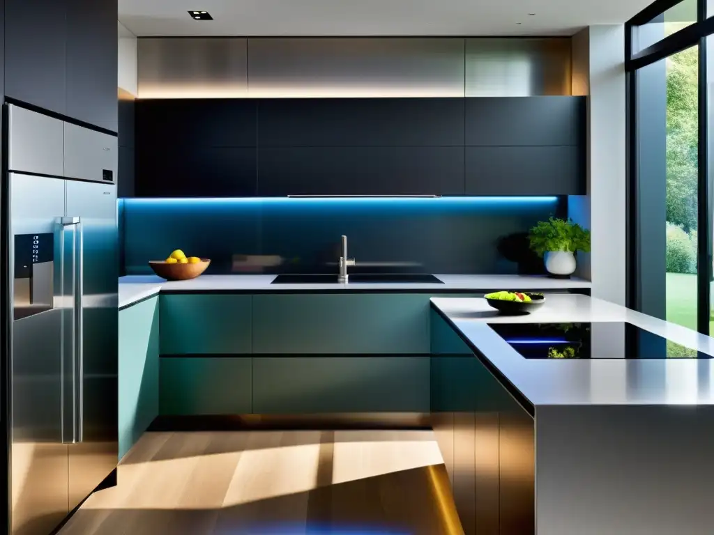 Cocina futurista: tecnología y arte culinario Electrodomésticos multifuncionales con apps de recetas en cocina moderna y sofisticada, ambiente futurista y acogedor con iluminación ambiental