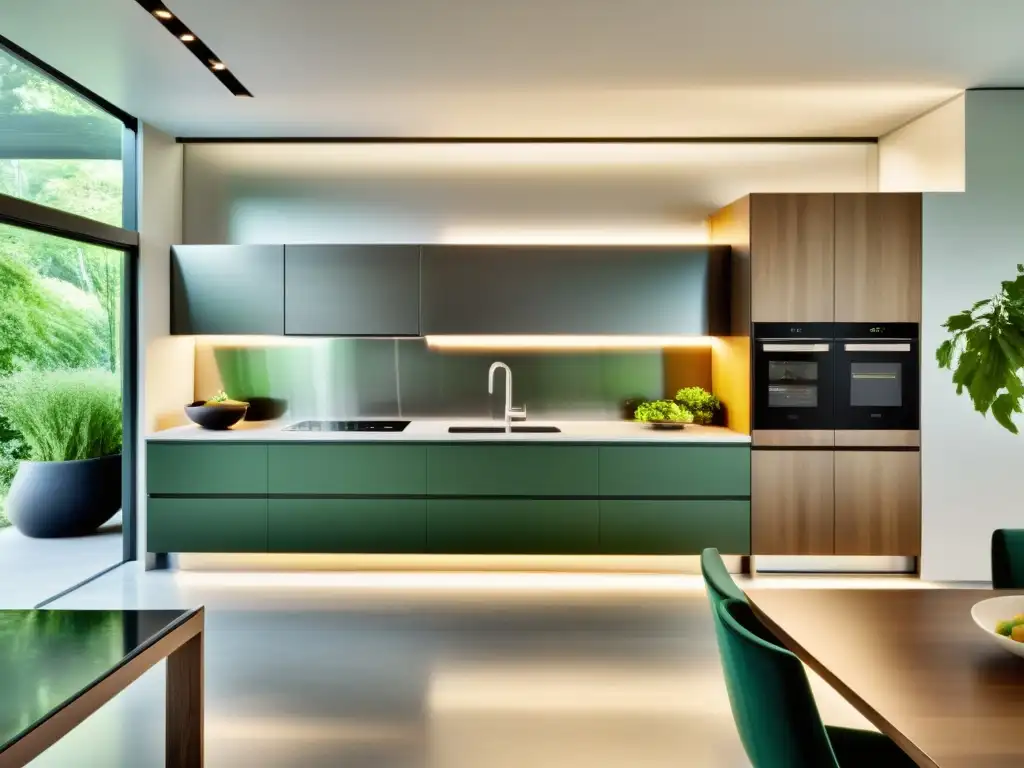 Moderna cocina con electrodomésticos integrados en acero inoxidable Electrodomésticos multifuncionales para cocina inteligente: ambiente moderno con iluminación ambiental y toque de naturaleza