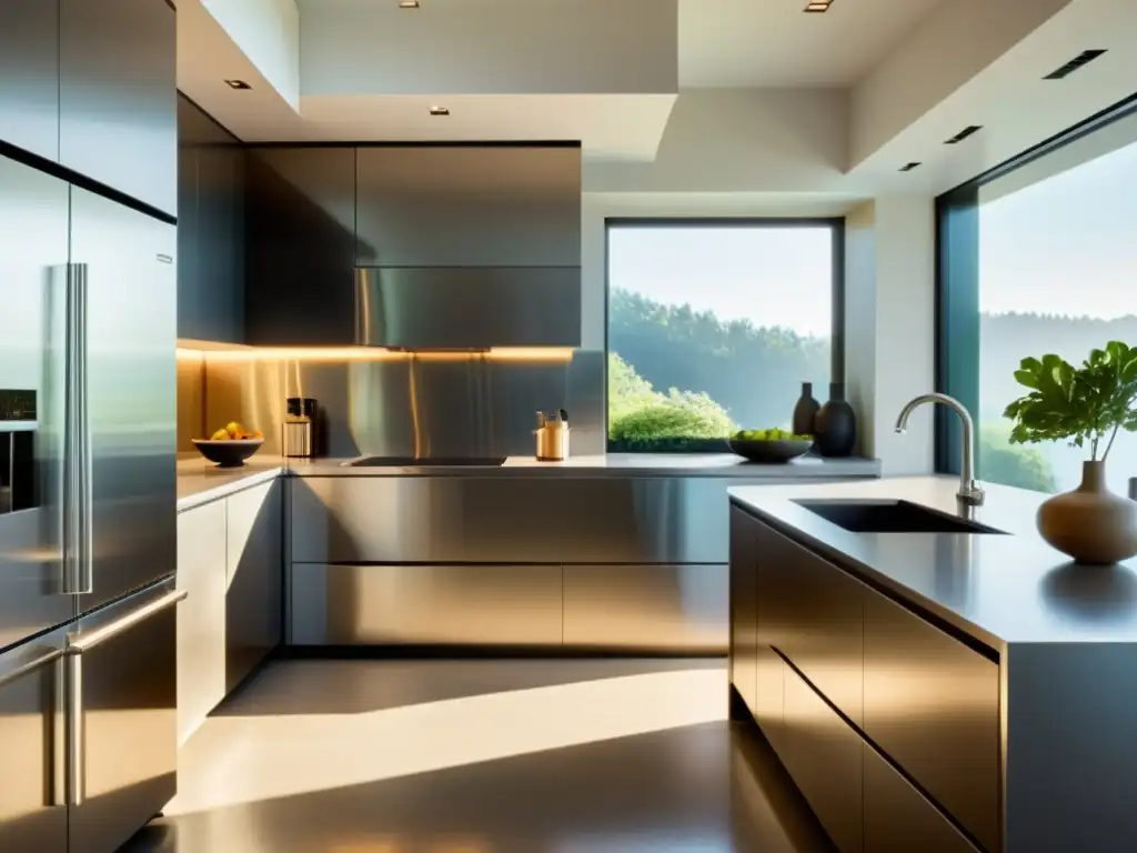 Cocina moderna: eficiencia y estilo en acero inoxidable Electrodomésticos multifuncionales consumo energético en una cocina moderna y sofisticada, bañada por la luz del sol
