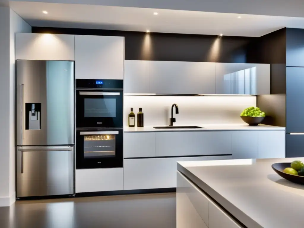 Cocina ultramoderna con electrodomésticos de acero inoxidable Electrodomésticos prácticos con estilo en una cocina ultramoderna y elegante con iluminación ambiental suave