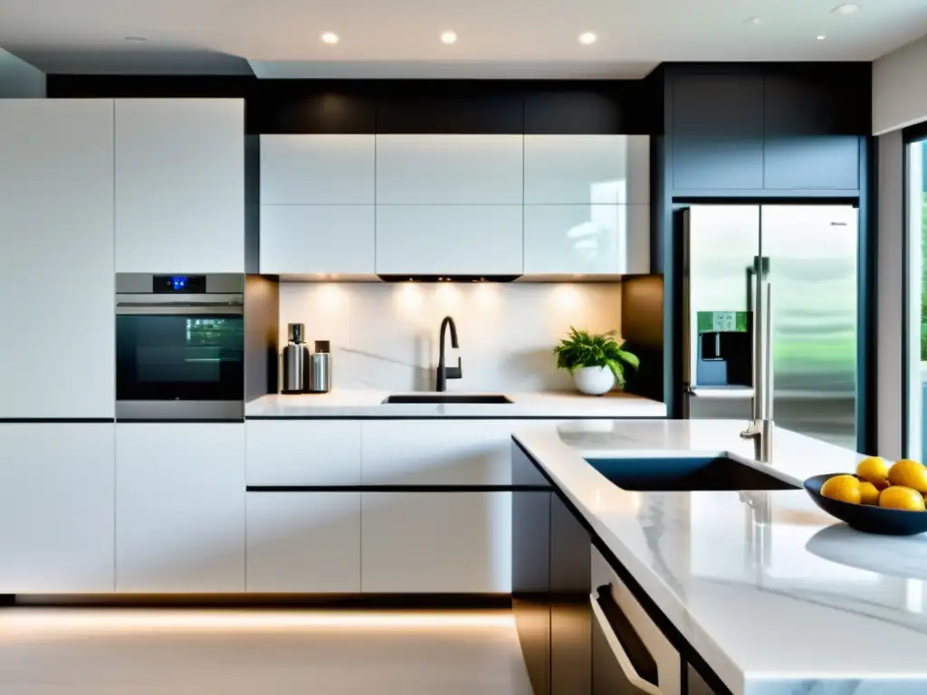 Cocina moderna y elegante con electrodomésticos de acero inoxidable Electrodomésticos prácticos con estilo en una cocina moderna y elegante con gabinetes blancos minimalistas y encimeras de mármol, iluminada con suaves luces de bajo gabinete