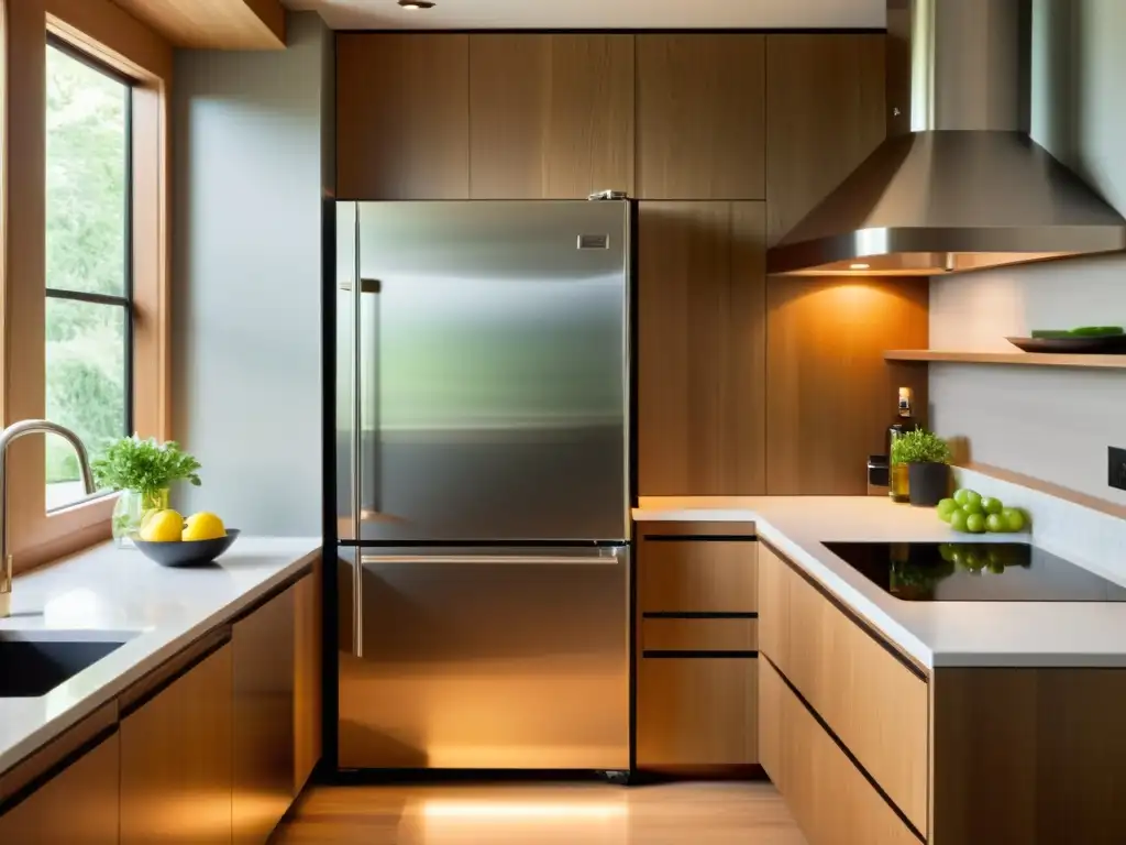 Electrodomésticos que respetan tradición: Refrigerador de acero inoxidable en cocina tradicional con diseño moderno y cálido