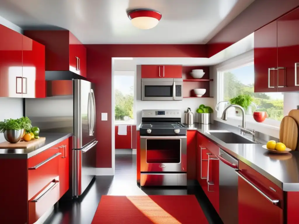Cocina moderna con electrodomésticos retro en rojo vibrante Electrodomésticos retro para transformar espacio: Cocina moderna con electrodomésticos de estilo retro en rojo vibrante