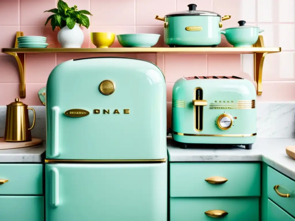 Cocina retro con electrodomésticos pastel y encanto moderno Electrodomésticos retro para el hogar en una cocina moderna con encanto vintage y colores pastel, sobre una encimera de mármol blanco