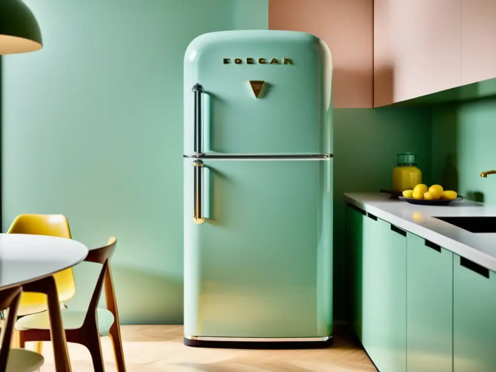 Refrigerador retro pastel en cocina moderna Electrodomésticos retro para hogar moderno: Una nevera vintage en un elegante color pastel destaca en una cocina moderna de líneas limpias y diseño minimalista, bañada en luz natural