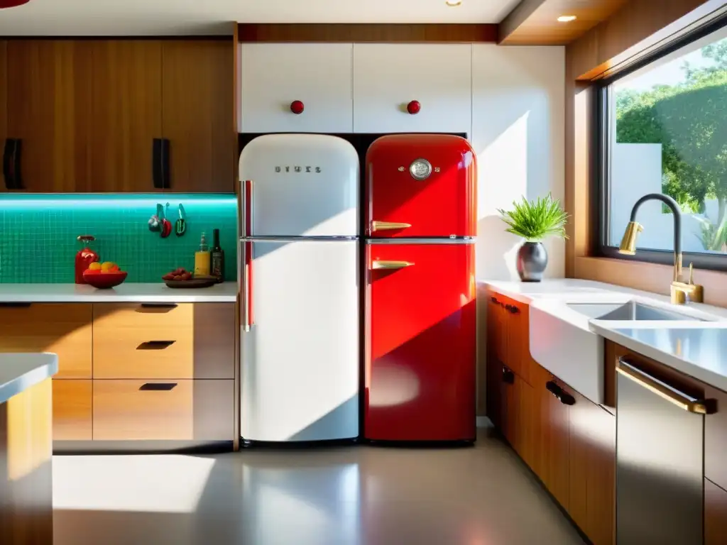 Cocina contemporánea con nevera retro roja Electrodomésticos retro para hogar moderno: Cocina contemporánea con encanto vintage