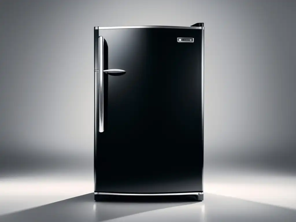 Refrigerador retro negro con acabado brillante Electrodomésticos retro para hogar moderno: Imagen de un elegante refrigerador negro de estilo retro con detalles cromados, sobre fondo blanco