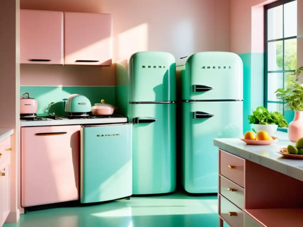 Cocina moderna con electrodomésticos retro en colores pastel Electrodomésticos retro para hogar moderno: Cocina moderna con electrodomésticos vintage en tonos pastel, creando un ambiente acogedor y nostálgico