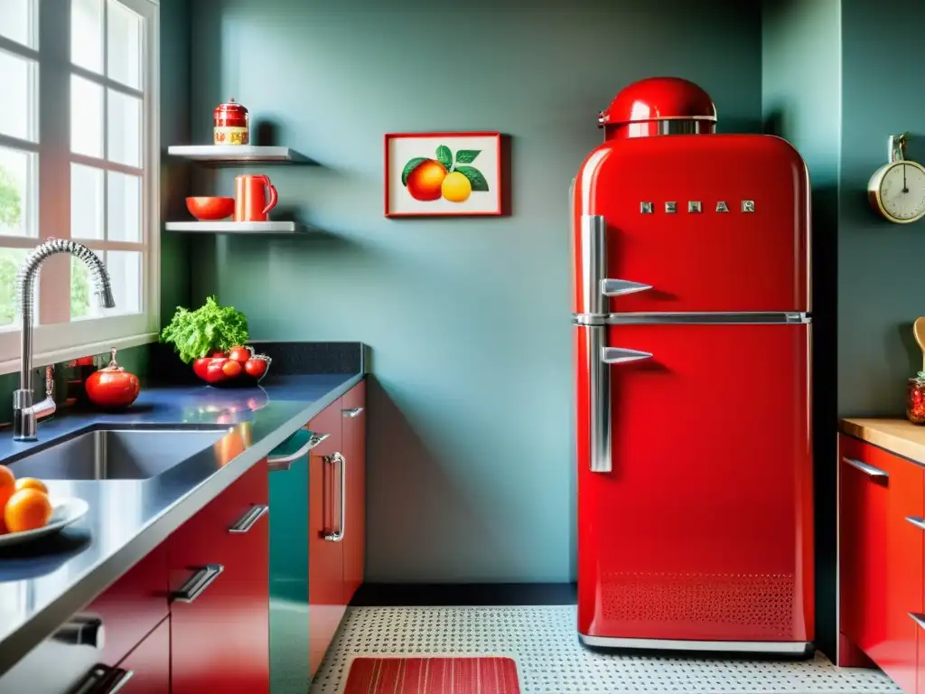 Cocina moderna con nevera retro roja Integrar electrodomésticos retro modernos en una cocina de estilo contemporáneo con un toque vintage vibrante de rojo
