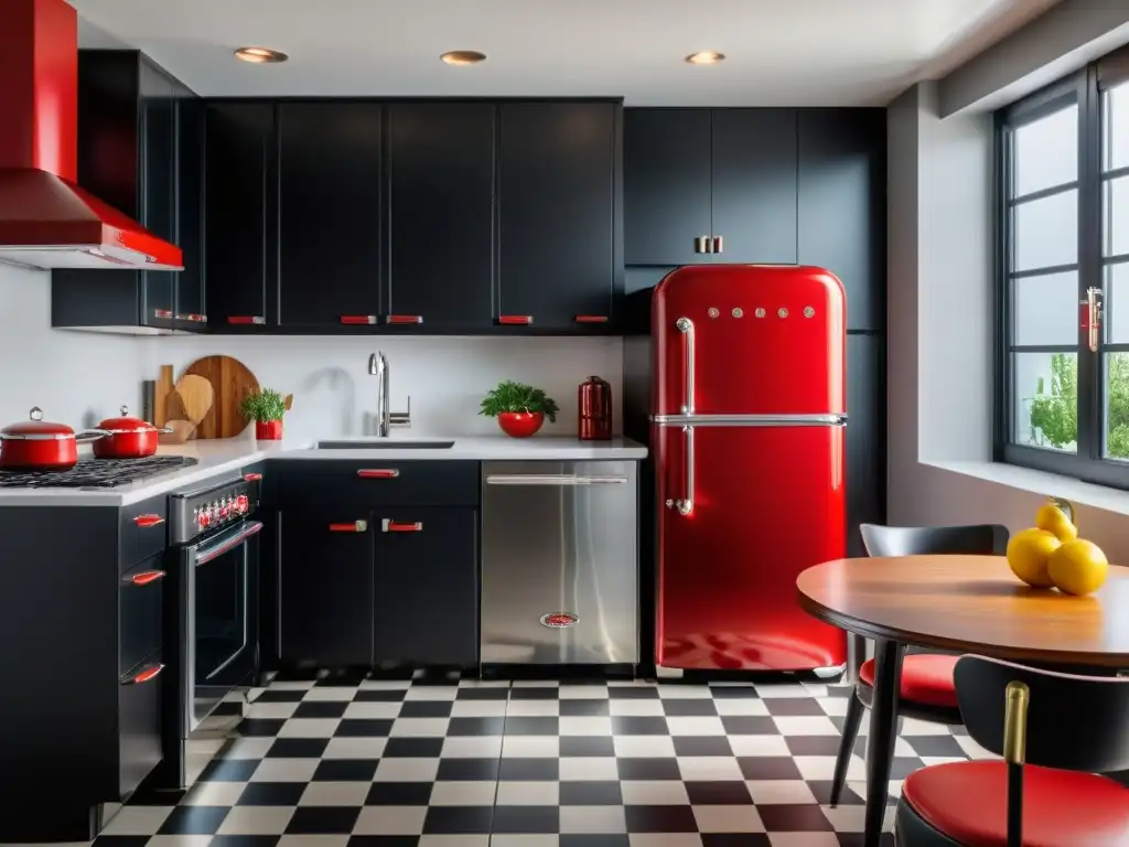 Imagen de cocina moderna con toque retro y refrigerador rojo vibrante Integrar electrodomésticos retro modernos en una cocina minimalista y elegante con toques de los años 50