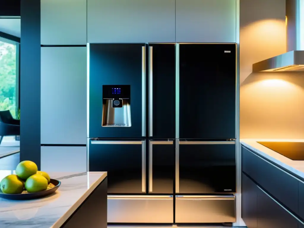Cocina moderna de lujo con electrodomésticos de acero inoxidable Electrodomésticos de diseño y tecnología en una cocina moderna con elegante encimera de mármol negro y suave iluminación ambiental
