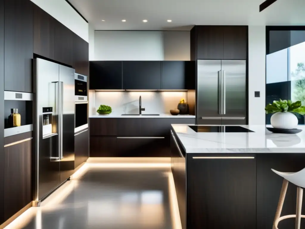 Cocina moderna de acero inoxidable y diseño minimalista Electrodomésticos de diseño y tecnología en cocina moderna de acero inoxidable y minimalista, con toques de lujo en mármol blanco y madera oscura