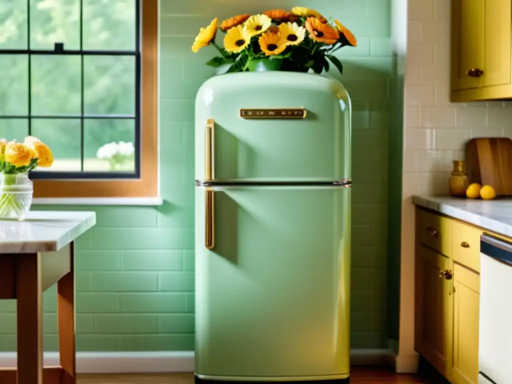 Electrodomésticos vintage para el hogar: Una nevera restaurada en verde pastel, con imanes retro y flores frescas en una cocina soleada y acogedora