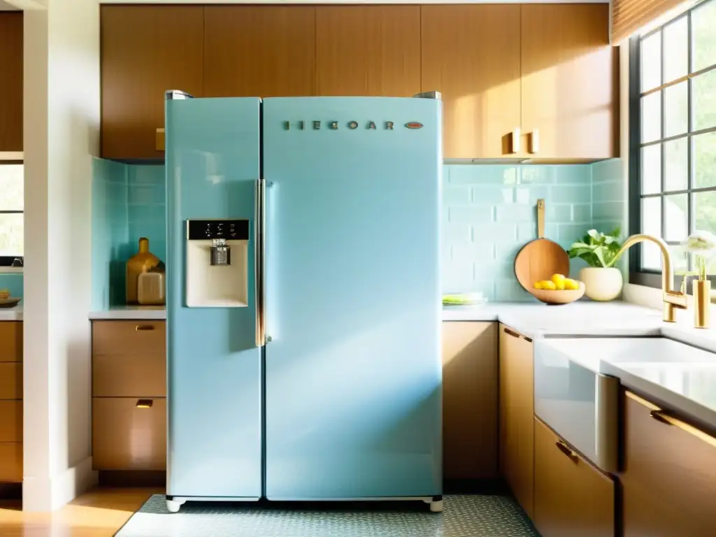 Electrodomésticos vintage para el hogar: Refrigerador azul pastel en cocina luminosa con diseño retro y ambiente acogedor