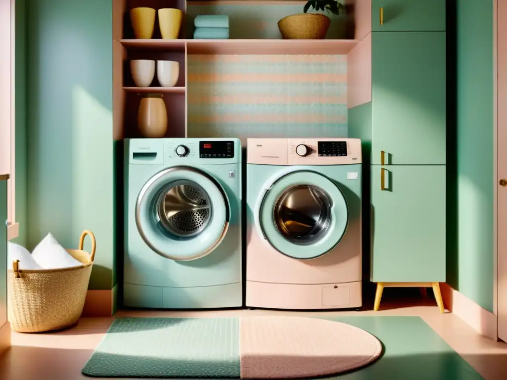 Electrodomésticos vintage para el hogar: lavadora y secadora en una lavandería retro con colores pastel y ambiente acogedor