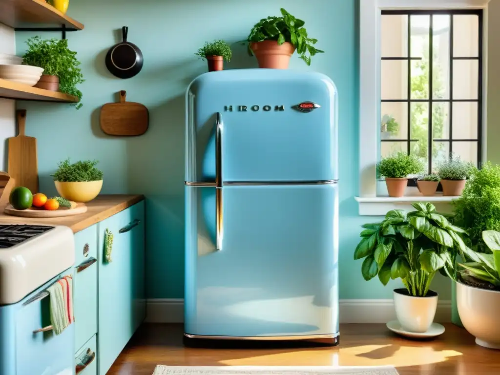 Nevera vintage restaurada en azul pastel, en una cocina soleada y acogedora Electrodomésticos vintage revolucionando interiorismo: Nevera azul pastel restaurada, adornada con imanes retro, en cocina iluminada por el sol