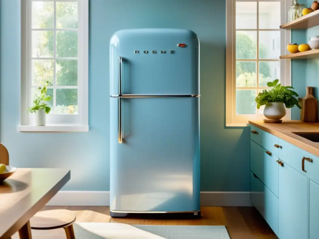 Refrigerador vintage pastel en cocina moderna Electrodomésticos vintage revolucionando interiorismo: Refrigerador azul pastel con diseño minimalista en cocina luminosa y moderna