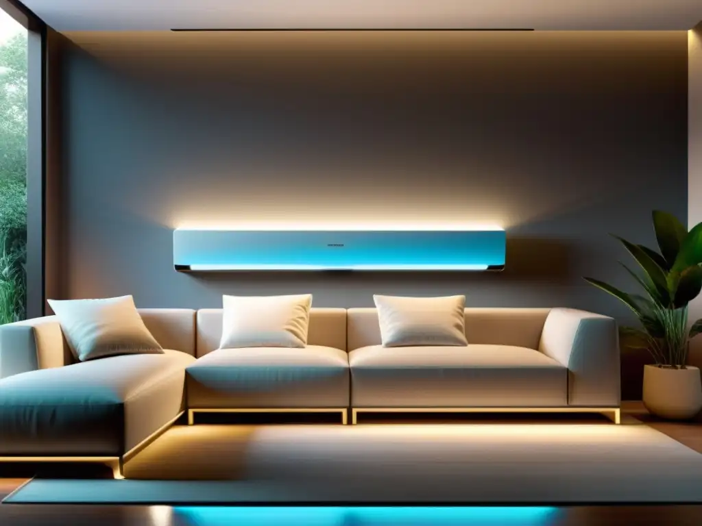 Unidad de aire acondicionado moderna con iluminación LED personalizable Un elegante aire acondicionado con luces LED personalizables, integrado en un moderno mueble de salón