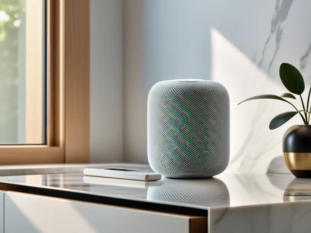 HomePod Apple: Elegancia en mármol blanco El elegante altavoz inteligente Apple HomePod se destaca sobre una encimera de mármol blanco, iluminado por suave luz natural
