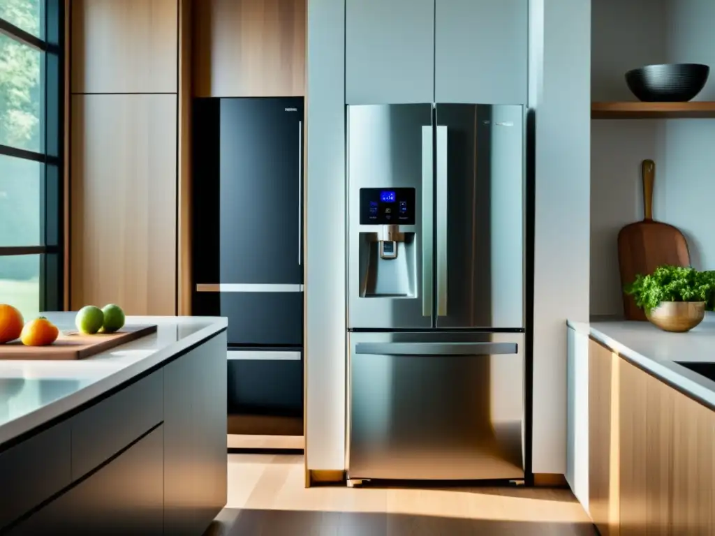 Cocina futurista con electrodomésticos inteligentes y diseño minimalista Un elegante ambiente futurista en la cocina, con electrodomésticos inteligentes que proveen servicios para el hogar