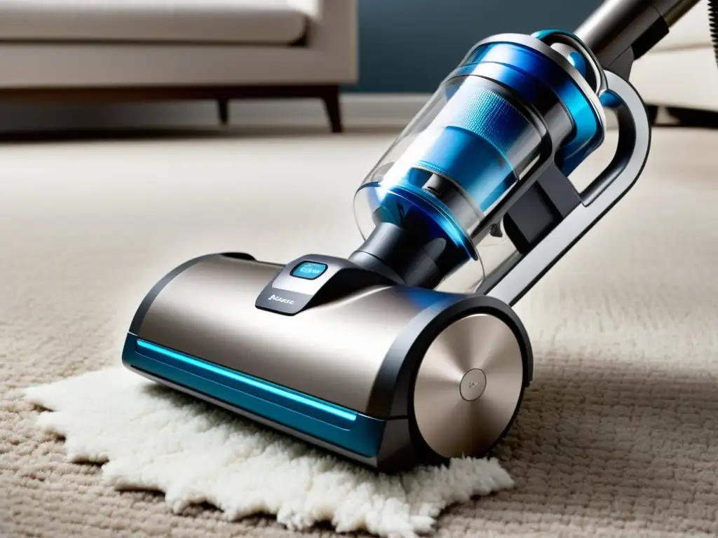 Potente aspiradora con filtro HEPA y tecnología de succión avanzada Un elegante aspirador con filtro HEPA y avanzada tecnología de succión, iluminado por suaves luces LED