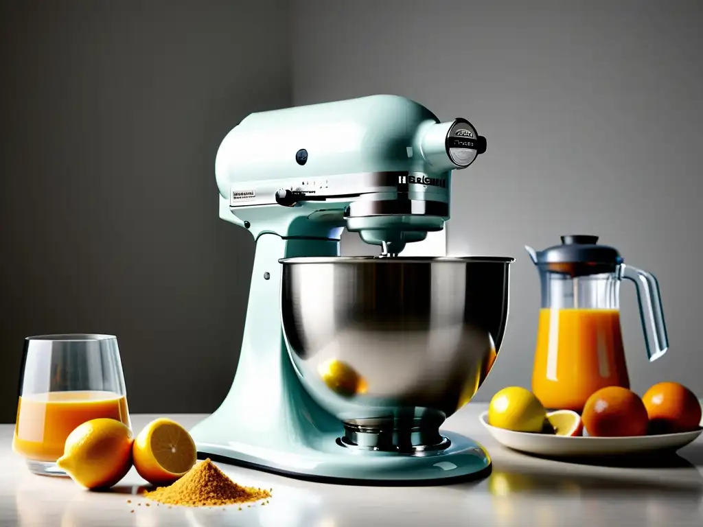 Una elegante batidora de alto rendimiento con accesorios y ingredientes, destacando su versatilidad para repostería