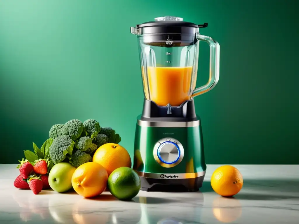 Una elegante batidora de vaso para smoothies resalta en un entorno de eficiencia y elegancia, rodeada de frutas frescas y verduras