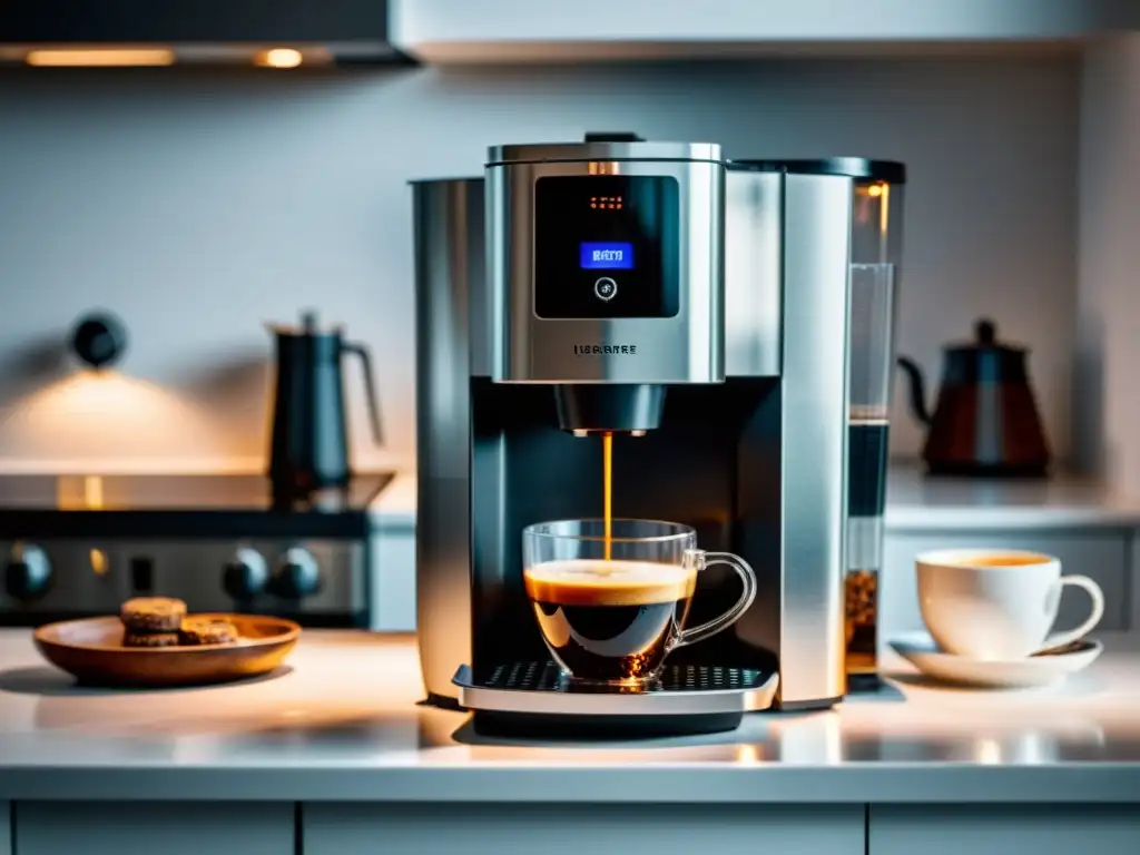 Una elegante cafetera automática en una cocina blanca, simbolizando el costo de la comodidad en cafeteras automáticas