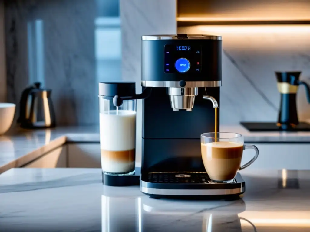 Una elegante cafetera automática en un impecable mostrador de mármol, con vapor de leche y espresso fluyendo