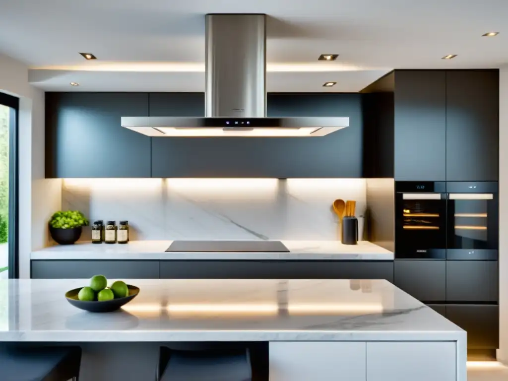 Campana extractora de acero inoxidable: elegancia moderna en la cocina Una elegante campana extractora decorativa DIY de acero inoxidable sobre isla de cocina moderna, iluminada con LED, realzando su diseño contemporáneo