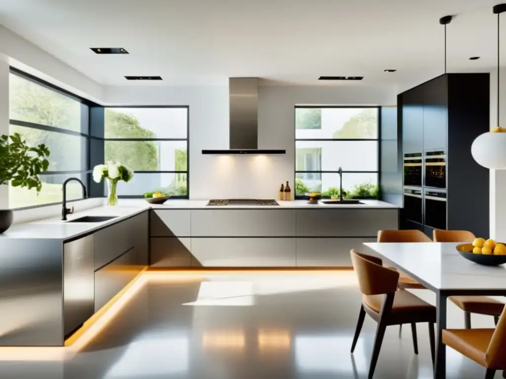 Moderna cocina de acero inoxidable con electrodomésticos eficientes Una elegante cocina de acero inoxidable con electrodomésticos energéticamente eficientes