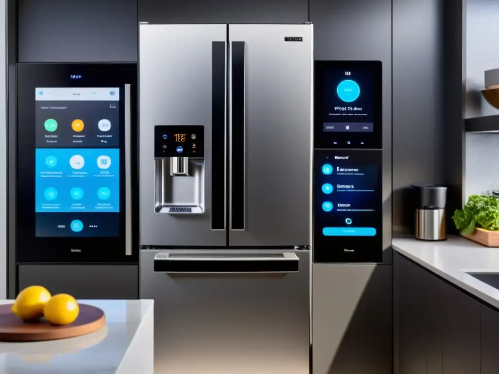 Cocina futurista: Integración de IA en electrodomésticos Elegante cocina con electrodomésticos con inteligencia artificial, integrados en un diseño futurista y funcional