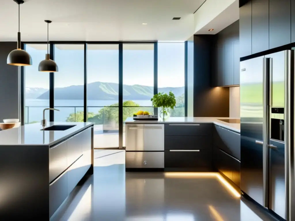 Cocina moderna: electrodomésticos de acero inoxidable y diseño minimalista Una elegante cocina moderna con electrodomésticos de acero inoxidable y encimeras de granito